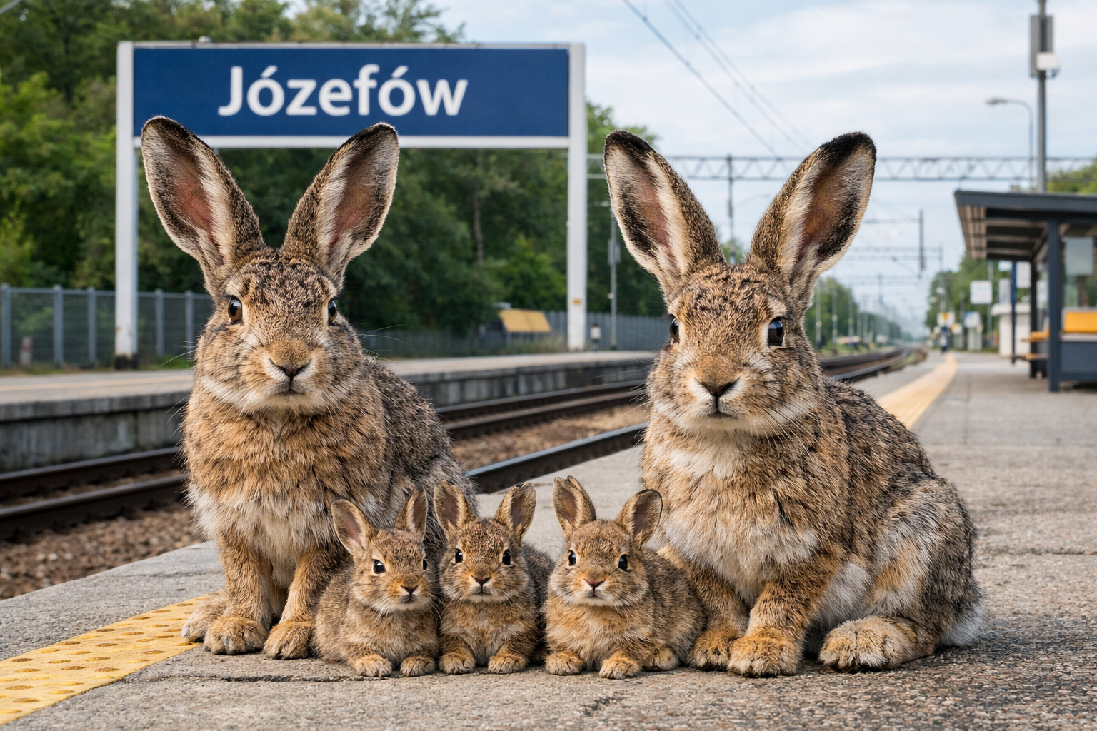 Dwa duże zające i trzy małe na tle stacji kolejowej Józefów